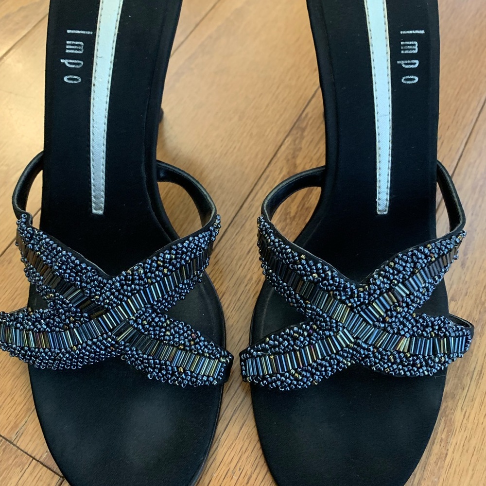 Impo Trini Beaded Sandals. Great Used Condition. 3 1/2 inch Heel. Gunmetal Black - Picture 2 of 8